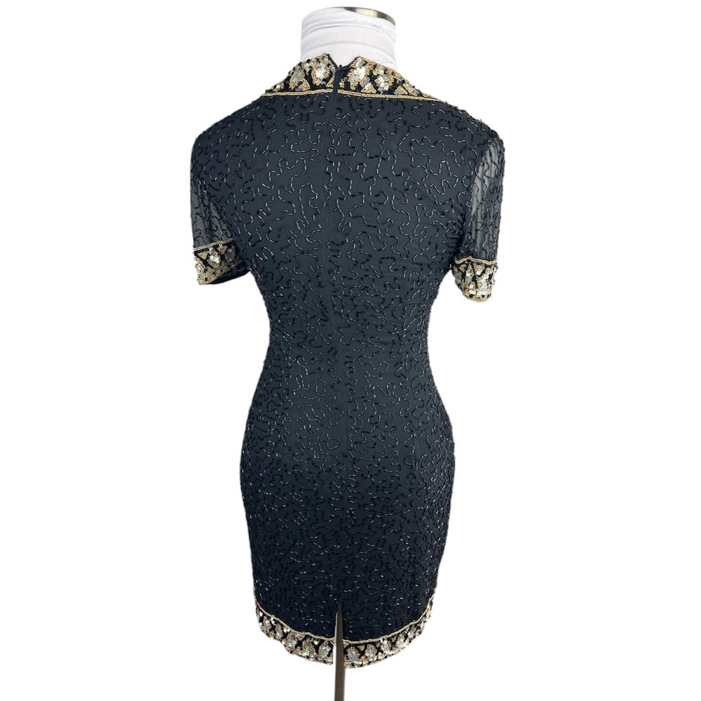 *Flawed A.J. Bari Black Silk Beaded Cocktail Dress Short Sleeve Sequins Size 10 - Picture 8 of 16